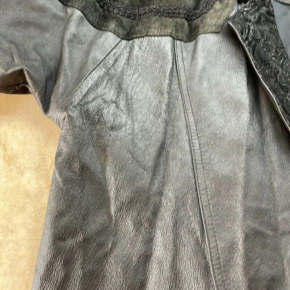 Greg Bell Leather Trench Coat Long Sleeve Collared Button Midi Black Size S - Picture 10 of 16